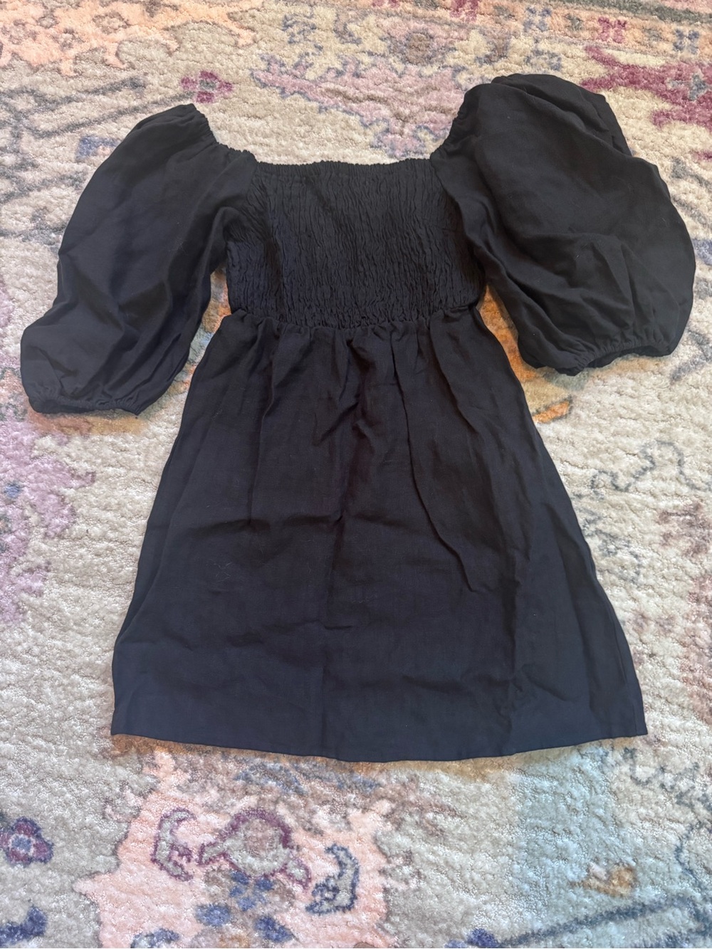Tuckernuck 100% linen Black Puff-Sleeve Smocked Midi Dress